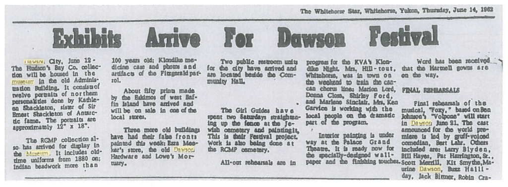 Picture of a news article about exhibits arrive for the Dawson festival