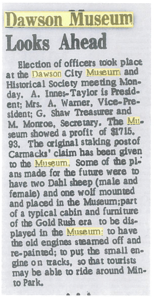 Picture of an article about the work of the Dawson City museum, titled Dawson Museum Looks Ahead