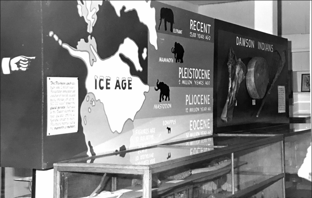 An exhibit with text about the ice age and Dawson Indians